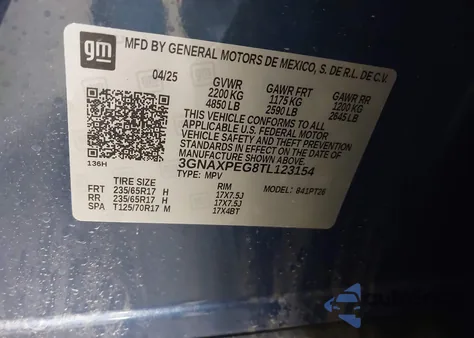 2026 Chevrolet Equinox Awd Lt из США, поврежденный, VIN 3GNAXPEG8TL123154